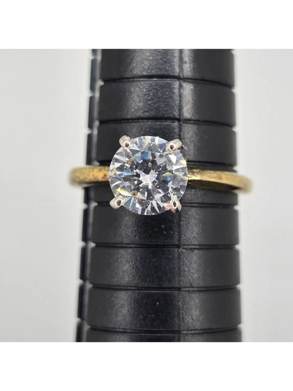 Vintage Gold Tone Solitaire Faux Engagement Ring Large Round Clear Stone Size 9